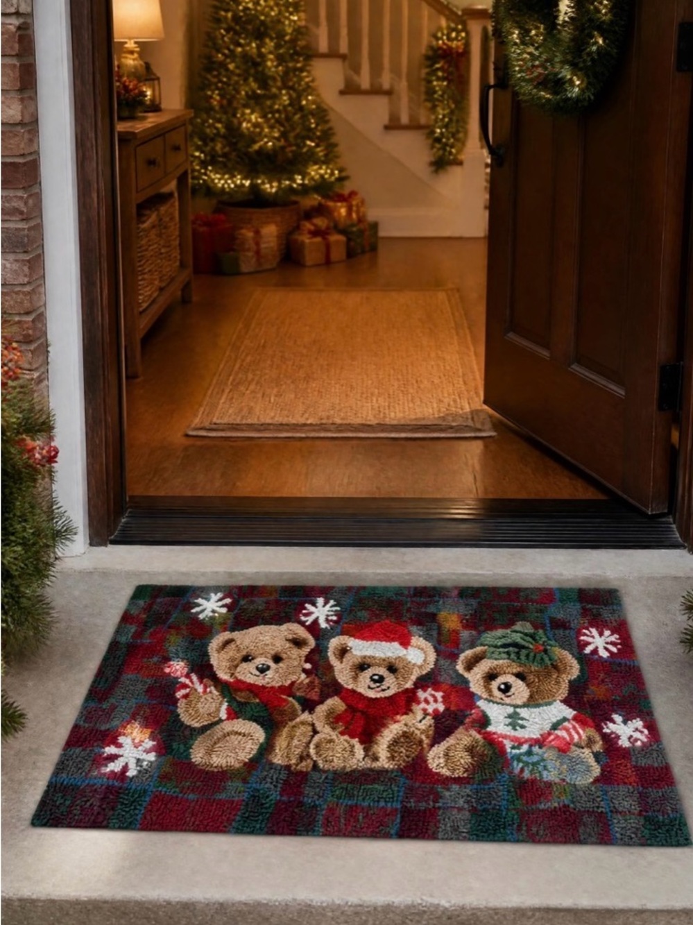Holiday Bear Plaid Doormat - Festive Red and Green Welcome Mat